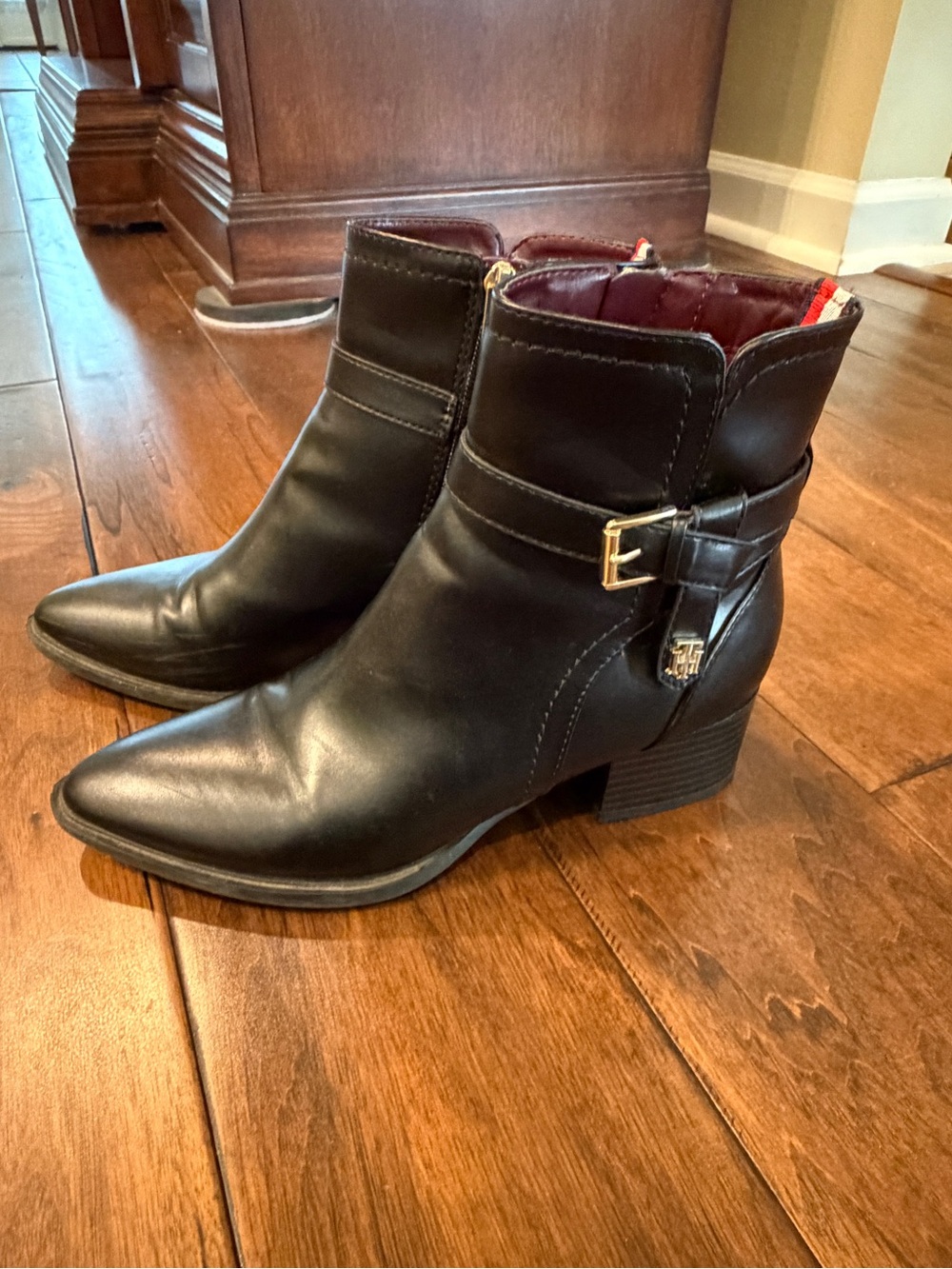 Tommy Hilfiger Black Leather Ankle Boots with Buckle Accent